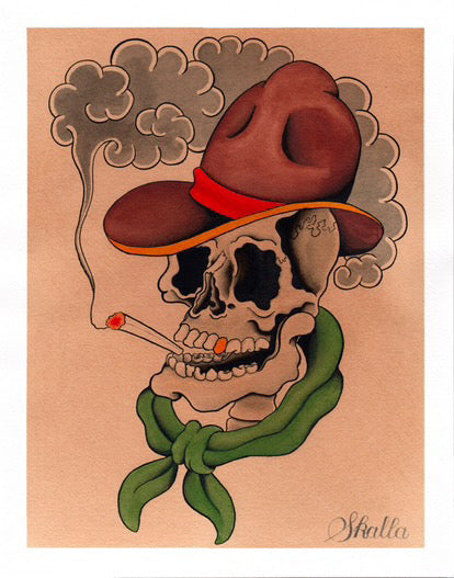 Skull smoking in a brown cowboy hate and a green necktie and a gold tooth.
